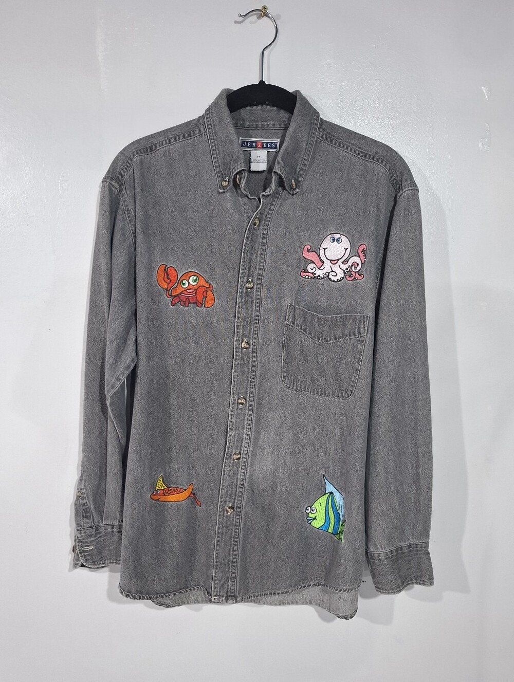 Vintage JERZEES Men’s Gray Denim Shirt Marine Embroidered Unisex Sz M